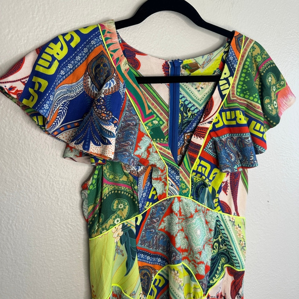 FARM Rio Patchwork Maxi Dress Multicolor Ruffle‎ Small/Petite Sleeve V Neck - Picture 3 of 9